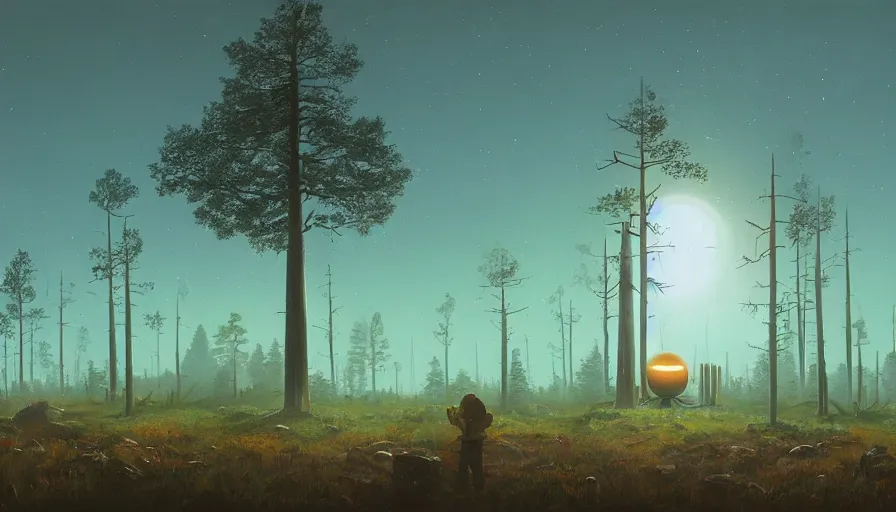 Image similar to communication dish in the foreground, sun in the sky, early morning, forest in the background, simon stalenhag