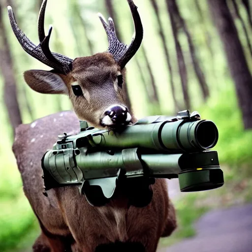 Image similar to a rocket launcher explosive deer military animal beast, huge, powerful, rocket, launcher, scary, anger, rage, canon eos c 3 0 0, ƒ 1. 8, 3 5 mm