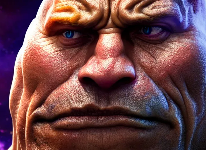 Image similar to Dwayne Johnson as Thanos, au naturel, hyper detailed, digital art, trending in artstation, cinematic lighting, studio quality, smooth render, unreal engine 5 rendered, octane rendered, art style by klimt and nixeu and ian sprigger and wlop and krenz cushart