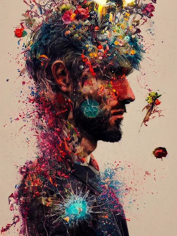 Prompt: art portrait of man with flower exploding out of head,by tristan eaton,Stanley Artgermm,Tom Bagshaw,Greg Rutkowski,Carne Griffiths,trending on DeviantArt,face enhance,chillwave,minimalist,cybernetic, android, blade runner,full of colour,