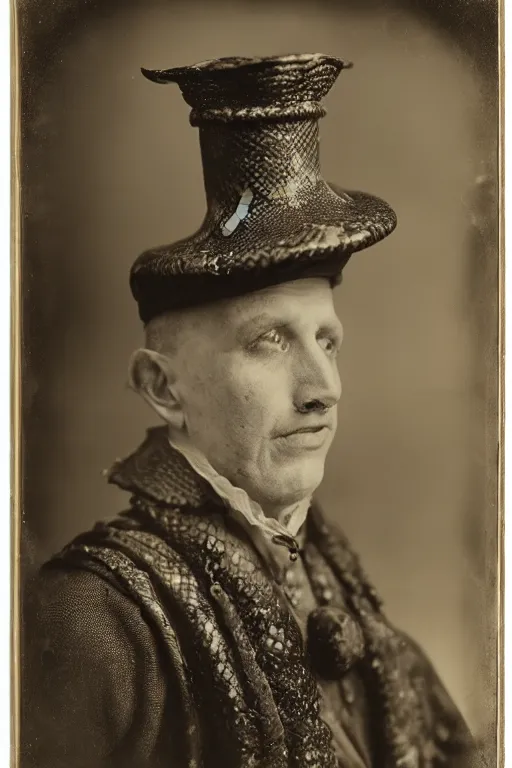 Image similar to a wet plate photo of a snake wearing a jester hat