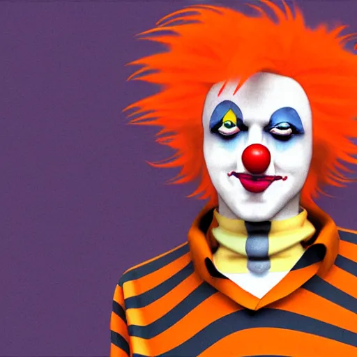 Prompt: a clown wearing orange wig and striped shirt, digital art by hirohiko araki, trending on artstation