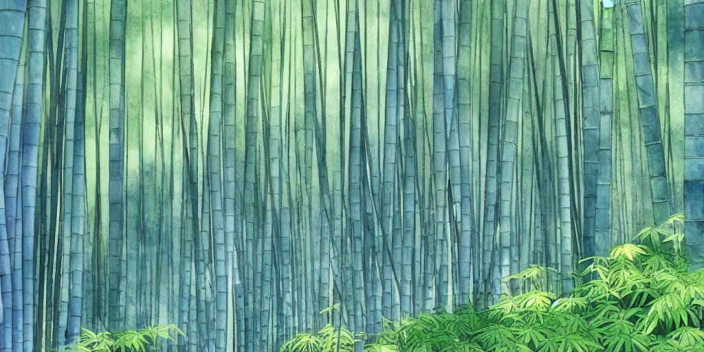 Prompt: misty japanese bamboo forest, watercolour, cell shaded, huge waterfall!!!!!, large rocky mountain, rule of thirds, sunny, cartoony, drawing, stylized anime, soft, by hayao miyazaki, ghibli studio, makoto shinkai, toei animation, studio trigger, trending on artstation, 4 k, hd