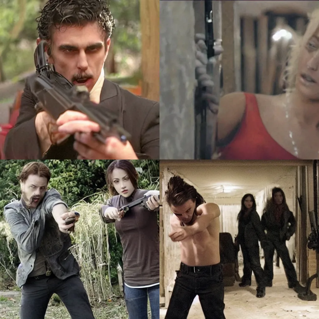 Image similar to Still from Vampires Holding Guns Movie, low quality, heavily downvoted, low budget