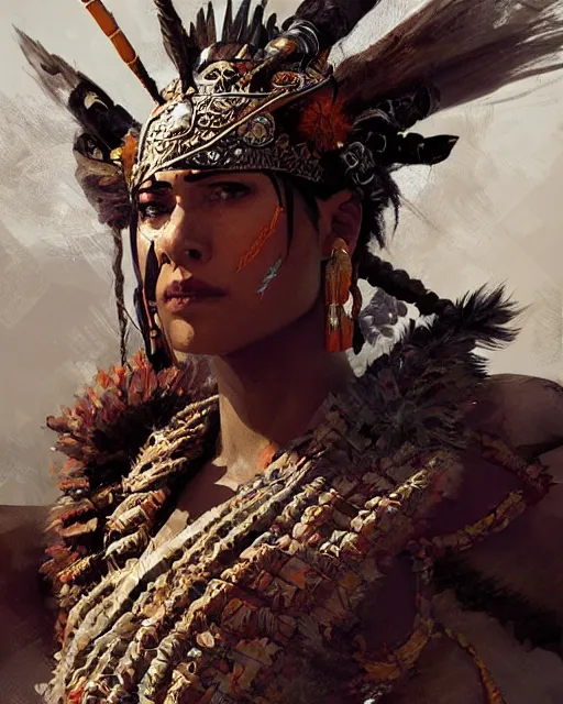 Prompt: an aztec warrior, fantasy, intricate, elegant, highly detailed, digital painting, artstation, concept art, smooth, sharp focus, illustration, edge highlights, beautiful light and shadows, art by krenz cushart and greg rutkowski and sachin teng and sergey kolesov and ruan jia and heng z