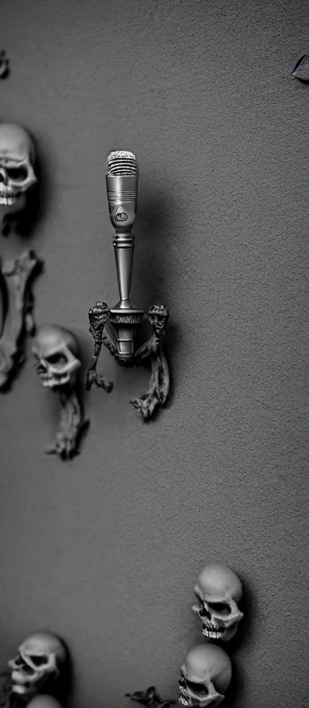 Image similar to an closeup astatic d 1 0 4 microphone with a detailed matte painting of a muted skullpunk vaporwave ombre. a small creepy garden at night with cross - shaped tombstone and pumpkins. detailed with strong clean lines.