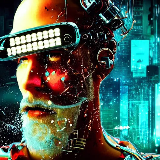 Image similar to Beautiful Photo of Arduino Uno in the robot's head. beard man. Cyberpunk. splatterpunk. 4K