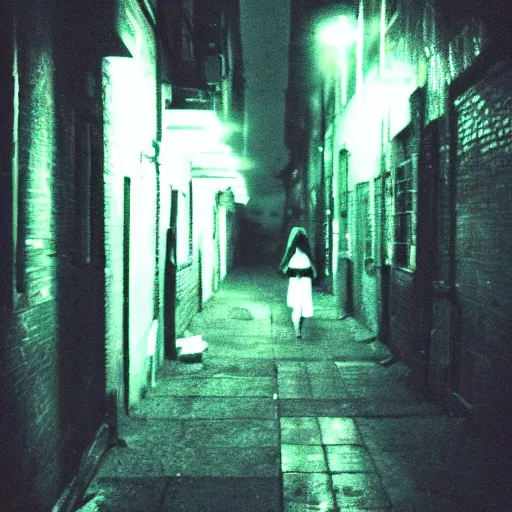 Prompt: a creepy cell phone camera picture of an alleyway in west philadelphia at night, with a college - aged woman in the distance. girl in the photo wearing a pine green jacket. directed by david lynch