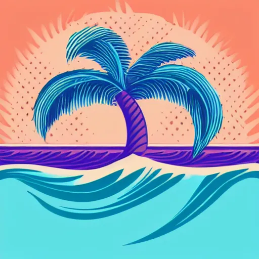 Image similar to waves in bottom front of a palm tree, a giant volleyball with seams in the background, vector logo, professional sports style, flat colour, svg, professional, sharp edges