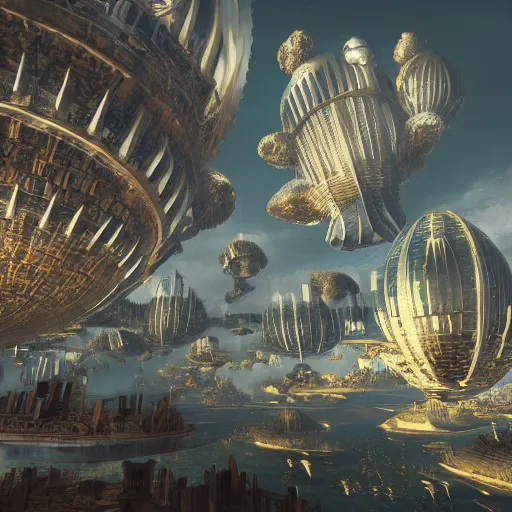 Image similar to enormous flying city in a faberge egg, sky, steampunk, fantasy art, masterpiece, hugh ferriss, unreal engine, peder balke, clouds background