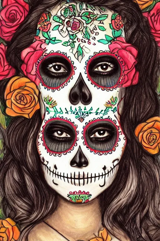 Prompt: illustration of a sugar skull day of the dead girl, art by sophie anderson