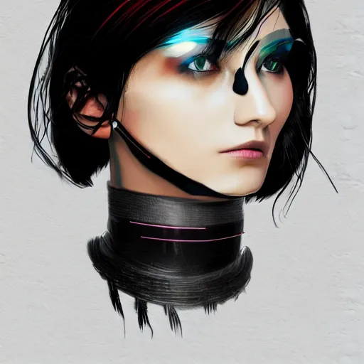 Prompt: headshot artwork of cyberpunk woman wearing thick black choker, collar on neck, realistic, artstation, neon,