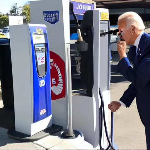 Image similar to joe biden at the gas station pumping gas into his mouth