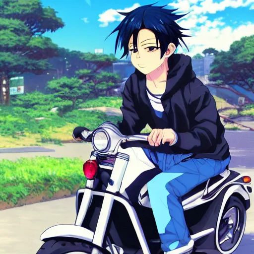 Image similar to close up of a anime guy with dark blue hair and streetwear clothing riding a in a 1990 black honda c90 with armenia quindio in the background , Artwork by Makoto Shinkai, pixiv, 8k, official media, wallpaper, hd