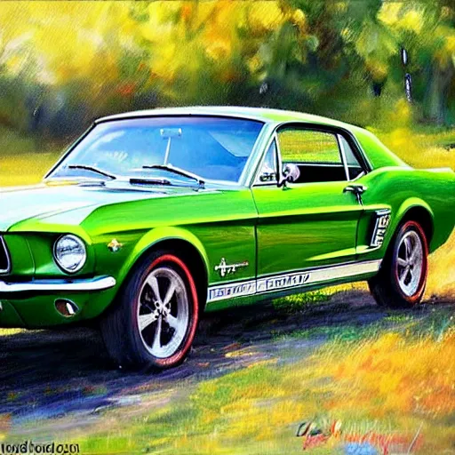 Prompt: green 1967 Ford Mustang GT, Swedish countryside, painting by Vladimir Volegov