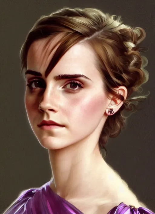 Image similar to emma watson wearing revealing elegant pink and purple dress with flounces. beautiful detailed face. by artgerm and greg rutkowski and alphonse mucha