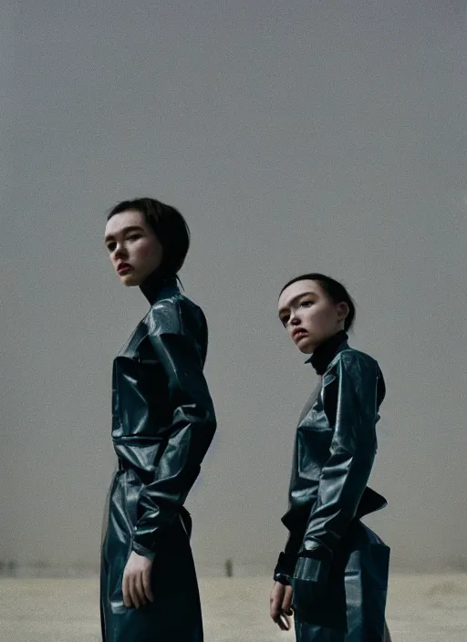 Image similar to cinestill 5 0 d photographic portrait of two clones standing in front of a brutalist metal building, techwear women on a desolate plain, closeup, depth of field, 4 k, 8 k, hd, full color