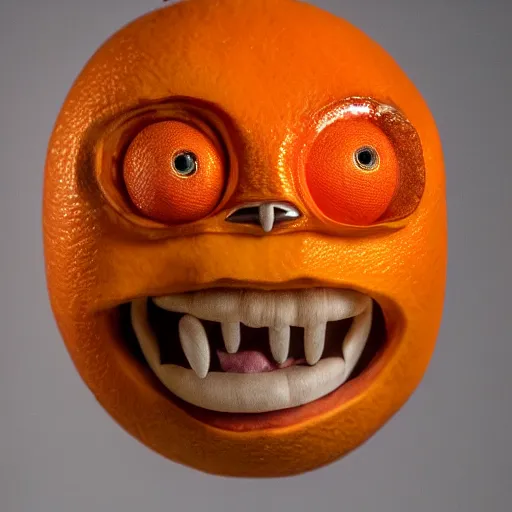 Image similar to a taxidermized annoying orange, in a museum, 8 5 mm lens, 7 0 mm entrance pupil diameter