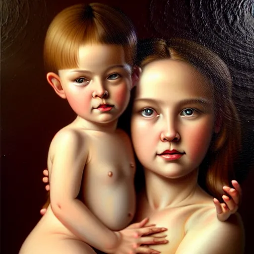 Image similar to pure love is patient love is kind, mother and child ; photorealistic oil painting by tom chambers and artgerm ; highly detailed cute faces by wlop ; trending on artstation ; 8 k high resolution, symmetrical, cinematic, high coherence, golden ratio, rule of thirds, perfectly centered ; anatomically correct faces