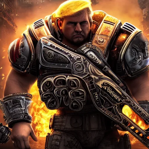 Image similar to photo portrait of donald trumpwith cigar as god emperor in gears of war, splash art, movie still, detailed face, photorealistic facial features, cinematic lighting, dramatic, octane render, long lens, shallow depth of field, bokeh, anamorphic lens flare, 8 k, hyper detailed, 3 5 mm film grain