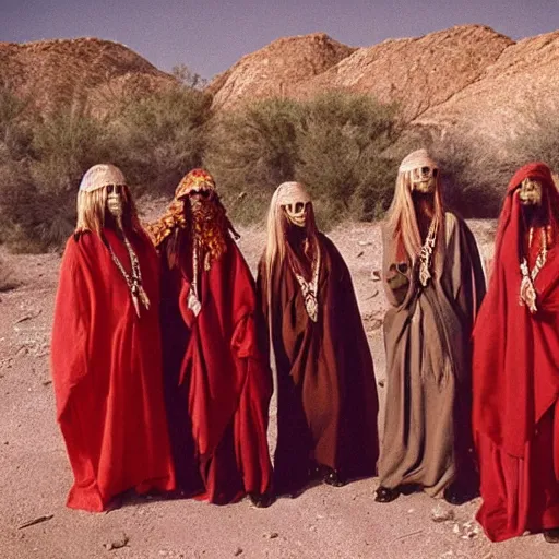 Image similar to a group of esoteric cult members in the desert, by Cinestill 800t trending on Flickr, wear red tunics and a golden mask and jewels