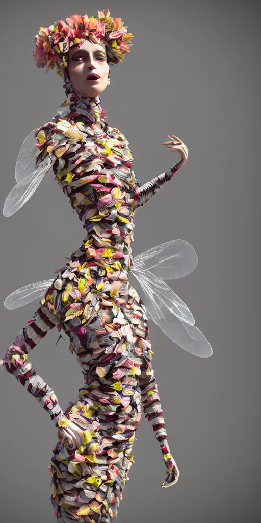 Image similar to an anthromorphic beautiful bee woman wearing striped couture made out of wax and paper and flower petals, at a fashion shoot, trending on Art Station, 3D, octane render,