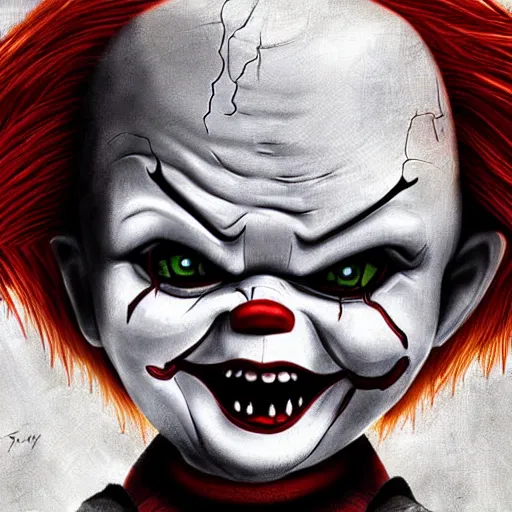 Prompt: Chucky in pennywise style, digital art, illustration, well detailed