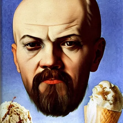 Prompt: Vladimir Lenin eating an ice cream. Painted by Caravaggio