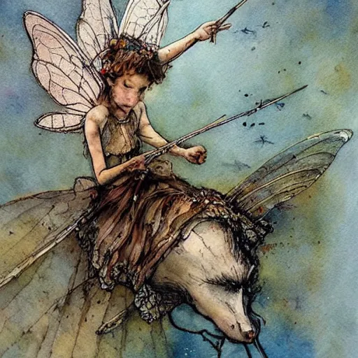 Image similar to a fairy riding a dragonfly, muted color, watercolor ink illustration, painterly, splatters, detailed, by jean - baptiste monge, by alan lee