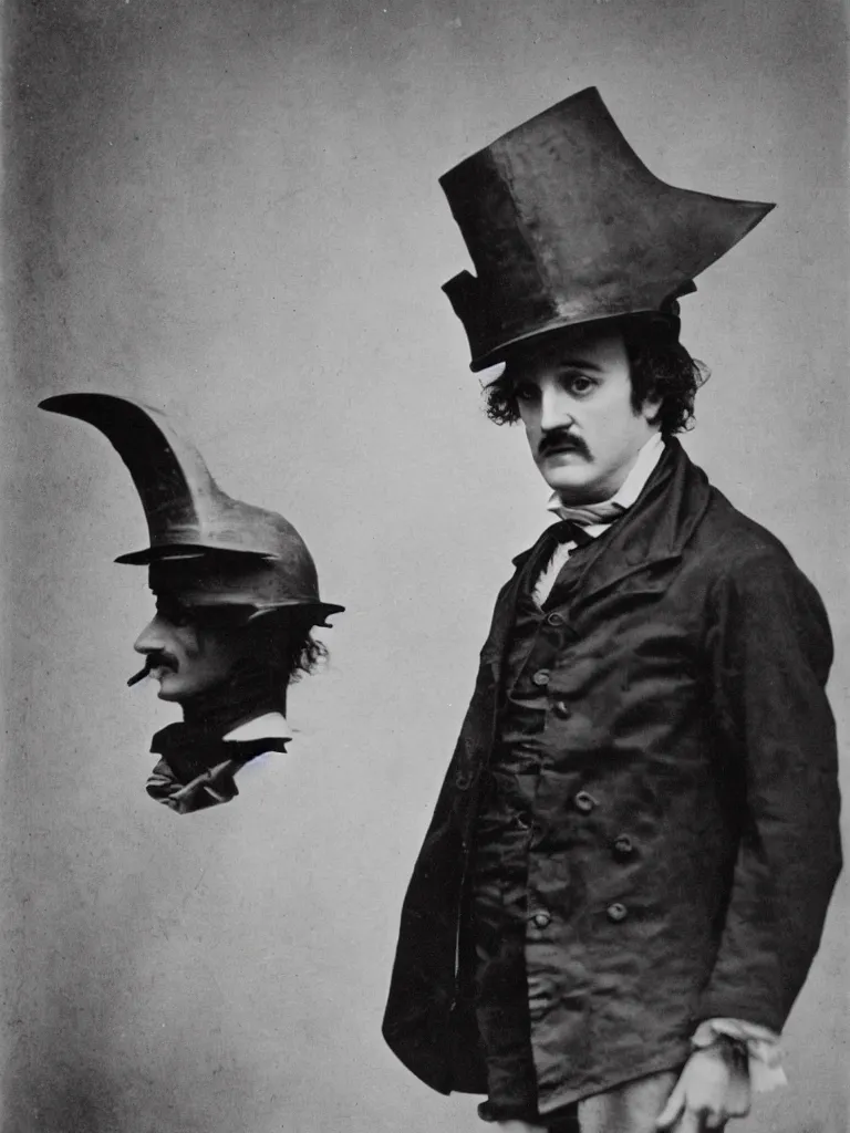 Image similar to edgar allan poe wearing a traffic cone on his head