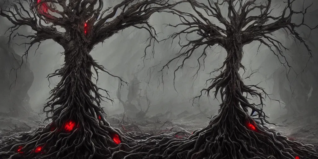 Prompt: a highly detailed matte painting of a bleeding tree growing atop a blackened human skull, roots growing through the eye sockets, swirling black mist background, concept art, trending on artstation