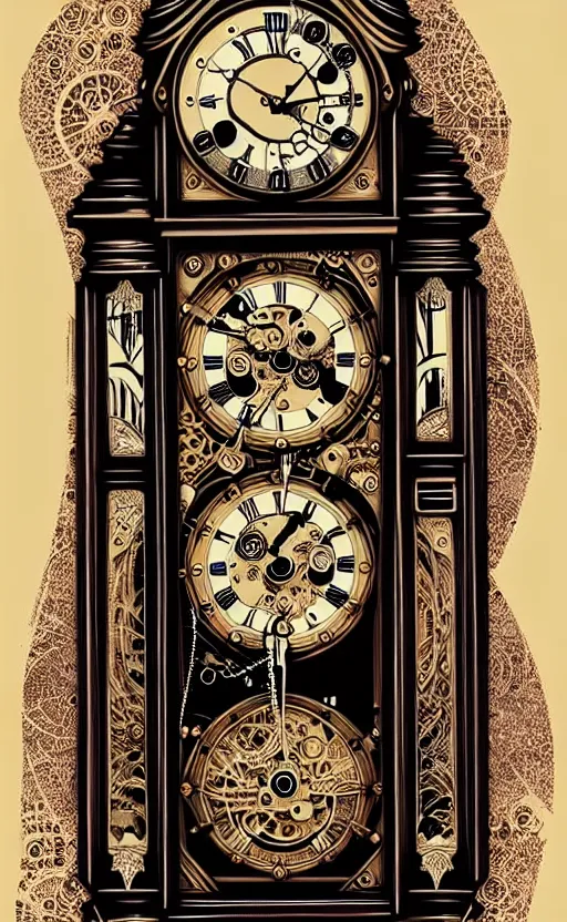 Image similar to ornate steampunk grandfather clock, high details, intricately detailed, by vincent di fate, inking, lineart, 3 color screen print, masterpiece, trending on artstation,, sharp, details, hyper - detailed, hd, 4 k, 8 k