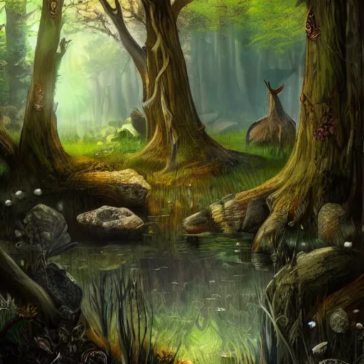 Prompt: The woods of The Feywild, the spring court, realism, fantasy setting, 8k, highly detailed, contrast, fantastical, unnatural, Feywild creatures, unusual colors, stunning, surreal