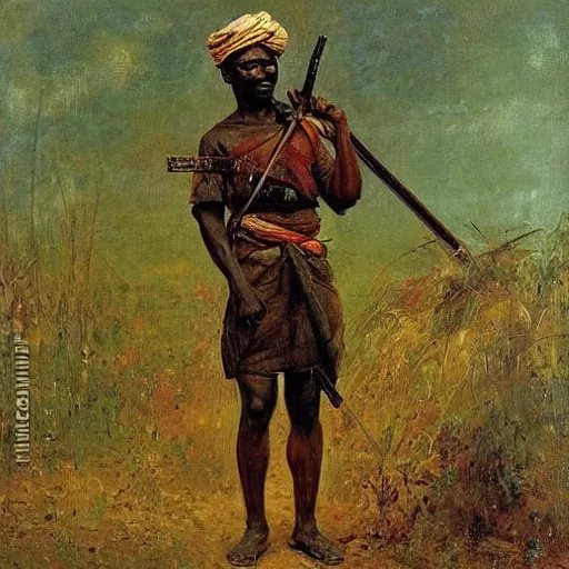 Prompt: igbo soldier armed with a rifle soldier, 1885, bright colors oil on canvas, by Ilya Repin