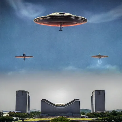 Prompt: ufo from independence day is flying over Pyongyang . real photo ultra realistic