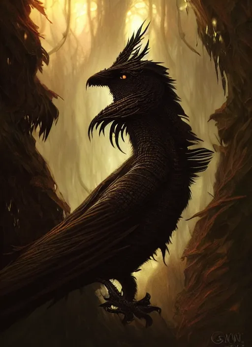 Image similar to side portrait dark crow, fantasy forest landscape, dragon scales, fantasy magic, dark golden light night, intricate, elegant, sharp focus, illustration, highly detailed, digital painting, concept art, matte, art by WLOP and Artgerm and Greg Rutkowski and Alphonse Mucha, masterpiece