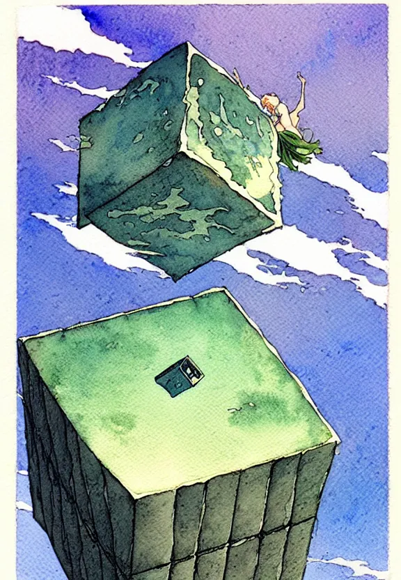 Image similar to a simple watercolor fantasy concept art of a giant sc - fi grey cube floating in the air. by studio ghibli, rebecca guay, michael kaluta, charles vess