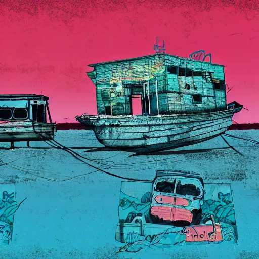 Image similar to an abandoned ship in the aral sea desert, in the style of daniel johnston and outsider art, 8 k, line brush, overlaid with chinese adverts