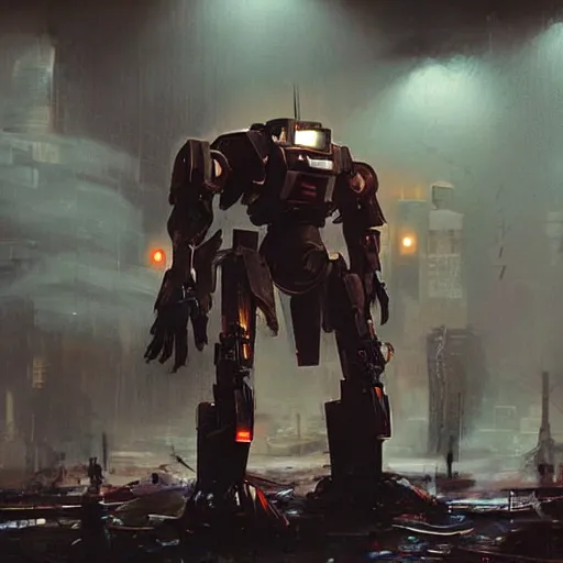 Image similar to mecha made from kitchen utensils, dark messy smoke - filled cluttered workshop, dark, dramatic lighting, orange tint, cinematic, highly detailed, sci - fi, futuristic, movie still from blade runner