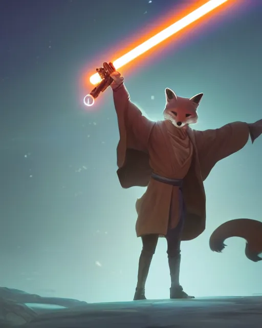 Prompt: one single anthropomorphic fox jedi holding one glowing lightsaber. digital illustration, very vibrant colors, soft lighting, adventurous, atmospheric lighting, 8K, octane render. By Makoto Shinkai, Stanley Artgerm Lau, WLOP, Rossdraws, James Jean, Andrei Riabovitchev, Marc Simonetti, krenz cushart, Sakimichan, D&D trending on ArtStation, digital art.