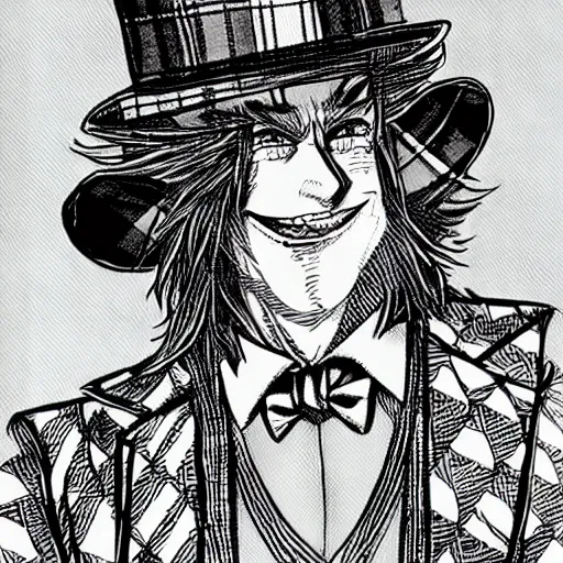 Prompt: The Madhatter as a Manga Character, Scottish Tartan on Hat, Very Large Grin, Depth of Field, 35mm + Art by Rieko Saibara