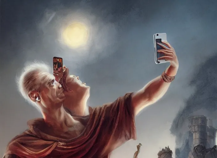 Image similar to julius caesar taking a selfie with an iphone as rome burns behind him by charlie bowater and john howe