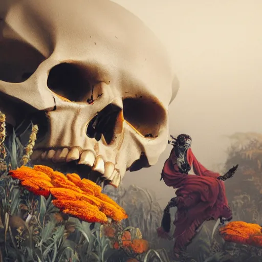 Image similar to skulls and marigold, intricate artwork by Tooth Wu and wlop and beeple. octane render, trending on artstation, greg rutkowski very coherent symmetrical artwork. cinematic, hyper realism, high detail, octane render, 8k, orange and black tones