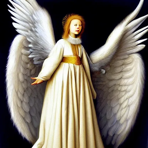 Image similar to highdetailed hyperrealistic painting of white angel!!! no gender!!!, giant ball of miracle light from the chest!!!!!, white sparkles everywhere, 4 k hd fur face!!!, big wings, by jan van eyck, holography space, glow effect, large strokes, white monochrome color!!!!!