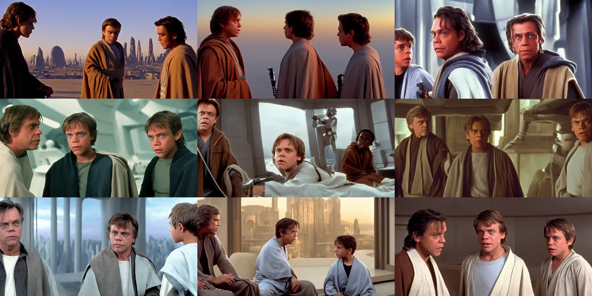 Prompt: A full color still of clean shaven Mark Hamill as Jedi Master Luke Skywalker talking with a a young black padawan, there are large windows showing a sci-fi city outside, at dusk, at golden hour, from The Phantom Menace, directed by Steven Spielberg, 1999