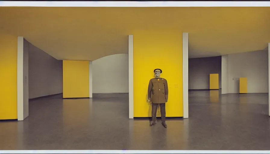 Image similar to 60s movie still of a sovietic stalinist style empty art museum with a soviet congress with yellow wall, POLAROID 600, liminal Space style, heavy grain