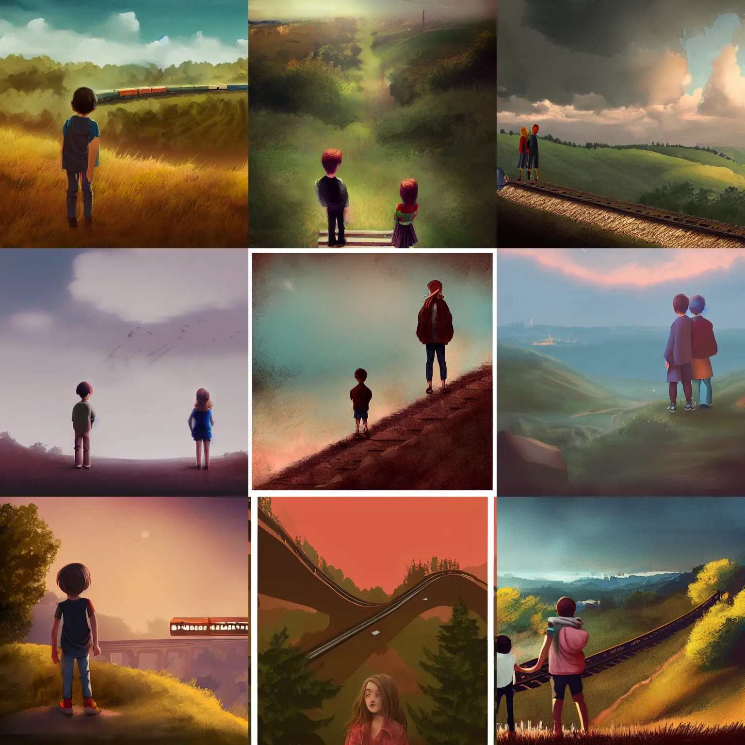 Prompt: Boy and girl standing on a hill, watching a train go past below in the distance, digital art, cinematic, atmospheric, nostalgia, 1995, trending on ArtStation