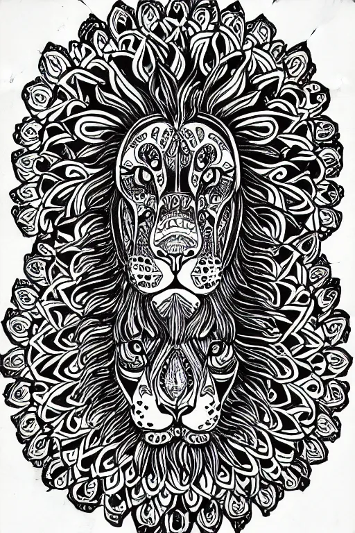 Prompt: symmetric lion mandala ink drawing