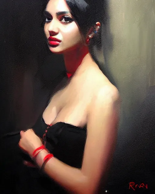 Image similar to beautiful portrait painting an gorgeous delhi girl wearing a little black dress at a nightclub, red lighting, oil painting, art by ruan jia