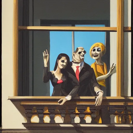 Image similar to painting of a rich man and woman sitting on the balcony of an apartment building in nyc watching the people below as they run away from zombies